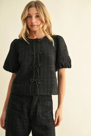 Black Sparkle Tweed Blazer Top