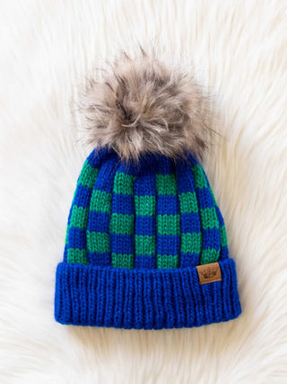 Blue and Green Checkered Pom Hat