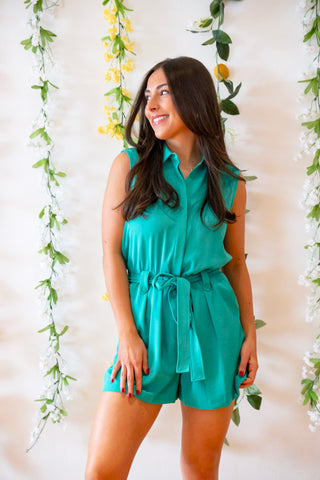 Emerald Elegance Belted Romper