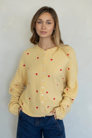 Heart Embroidery Cardigan - Honey