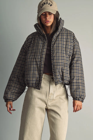 Navy Brown Plaid Puffer Jacket