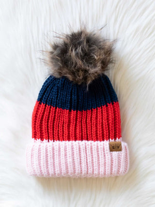 Navy, Red and Pink Pom Hat